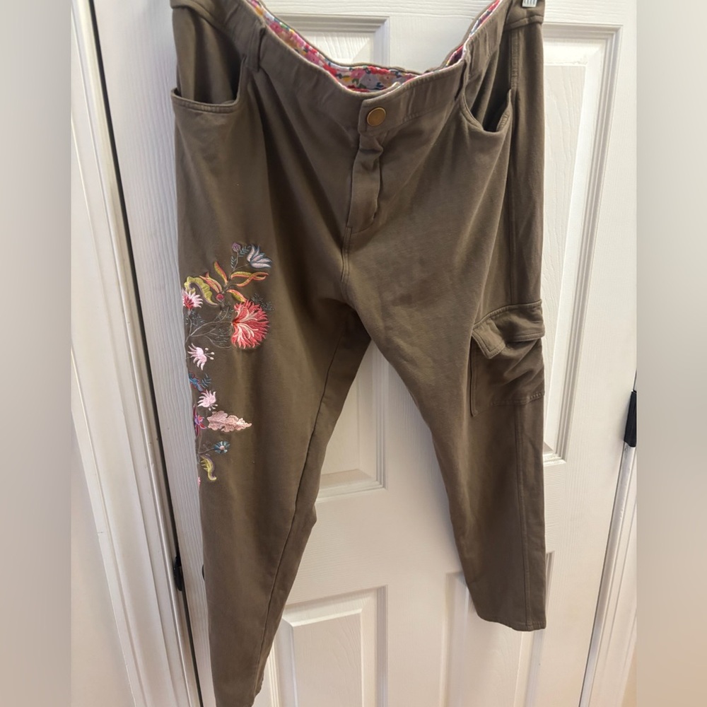 Matilda Jane Scout’s Honor olive soft cargo pants with floral embroidery detail
